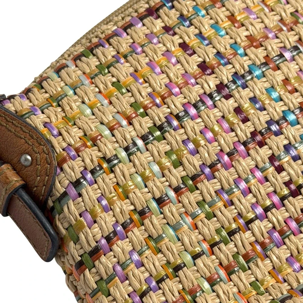 Y2K Fossil Mini Shoulder Bag Woven Straw Rainbow Detail Brown Leather Whimsy